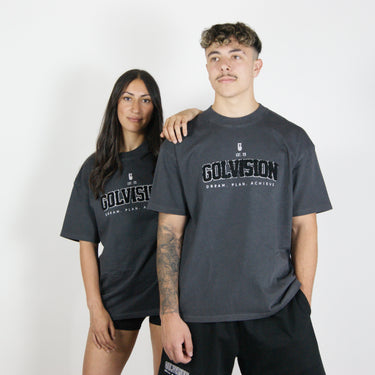 GolVision Chenille Tee Dark Gray Cyan – 100% cotton streetwear
Model wearing GolVision dark gray cyan chenille tee – embroidered streetwear
GolVision premium chenille t-shirt – front view dark gray cyan
Chenille embroidery detail on GolVision streetwear tee – dark gray cyan